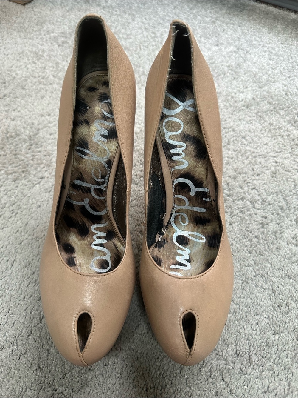 Sam Edelman Beige Peep-Toe Pumps with Leopard Insole